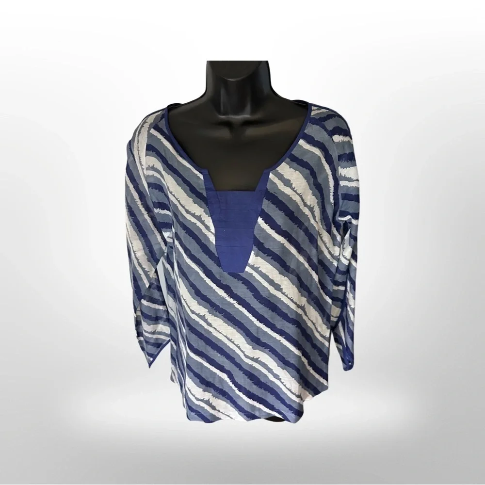 Herion Italy Sheer Blue White Diagonal Striped Tunic Blouse Size 40 (US 10) - Picture 3 of 7